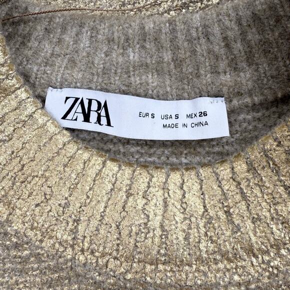 Zara Women's Cracked Metallic Boxy Knit Sweater Small Golden - Picture 3 of 12